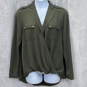 Michael Kors Top Womens XL Green Surplice Wrap Asymmetrical Blouse Top Military